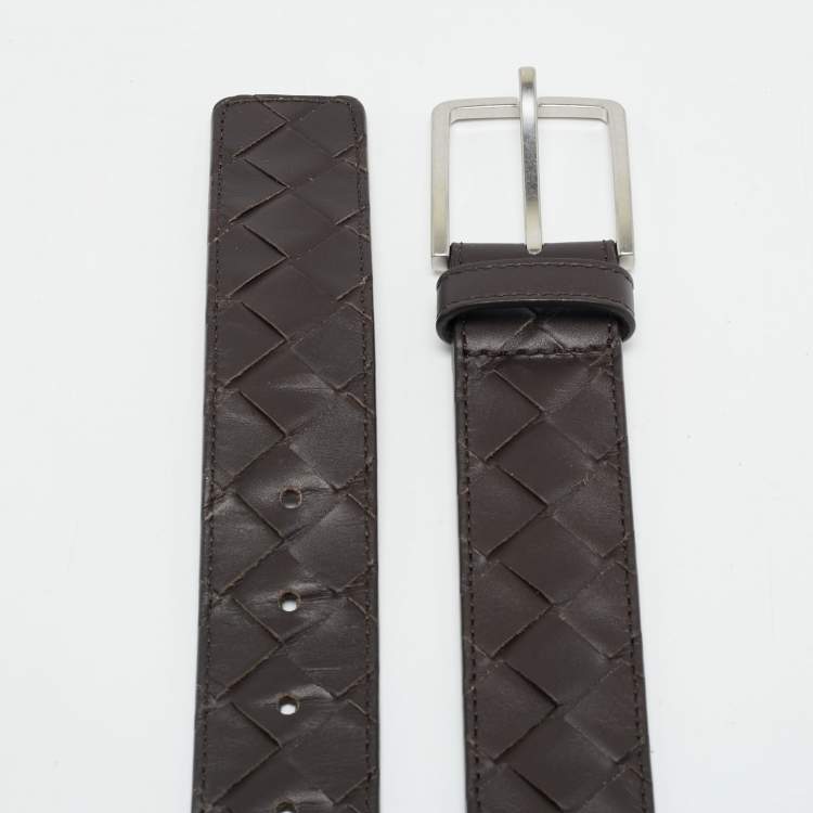 Pre Owned Bottega Veneta 90 CM Buckle Belt Brown Intrecciato Leather