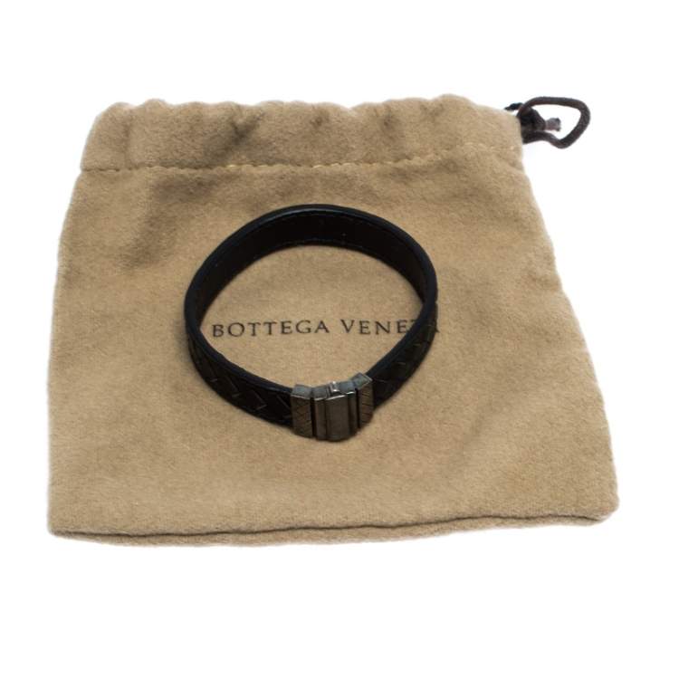 Pre Owned Bottega Veneta Black Intrecciato Woven Leather Sterling Silver Bracelet S