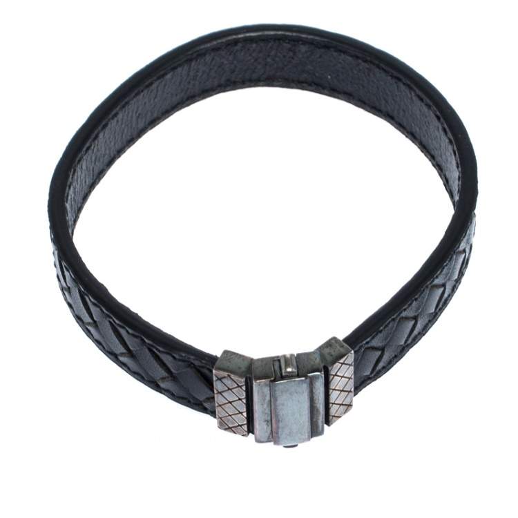 Pre Owned Bottega Veneta Black Intrecciato Woven Leather Sterling Silver Bracelet S