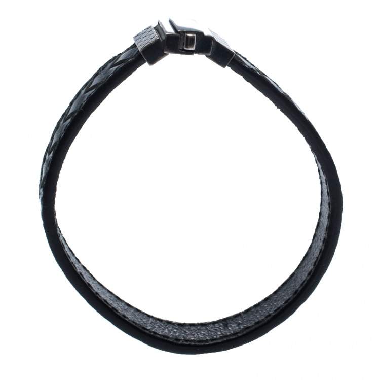 Pre Owned Bottega Veneta Black Intrecciato Woven Leather Sterling Silver Bracelet S