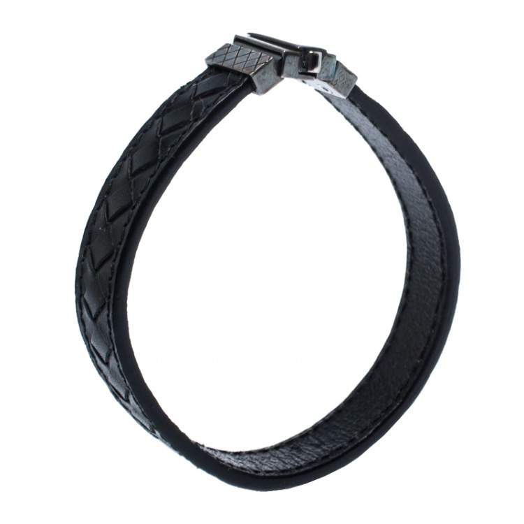 Pre Owned Bottega Veneta Black Intrecciato Woven Leather Sterling Silver Bracelet S