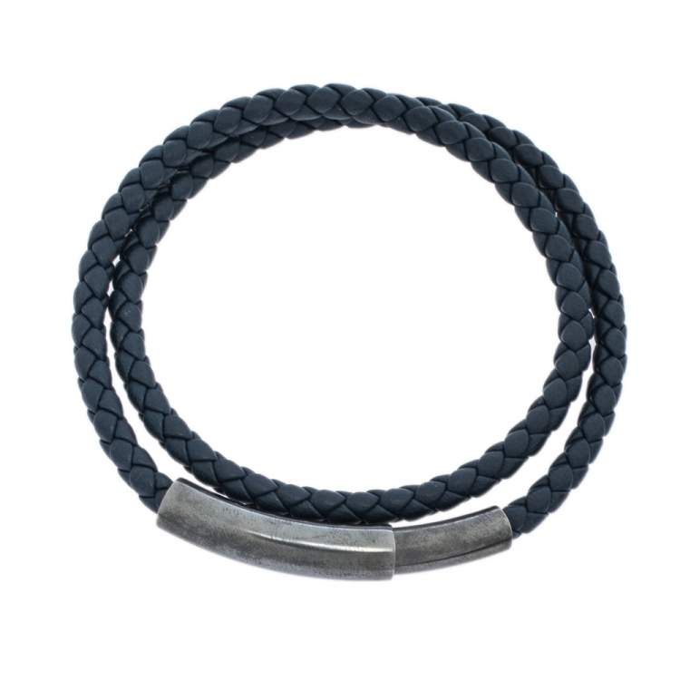 Pre Owned Bottega Veneta Blue Intrecciato Woven Leather Silver Double Wrap Bracelet 