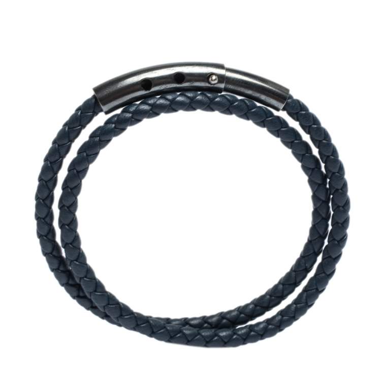 Pre Owned Bottega Veneta Blue Intrecciato Woven Leather Silver Double Wrap Bracelet 