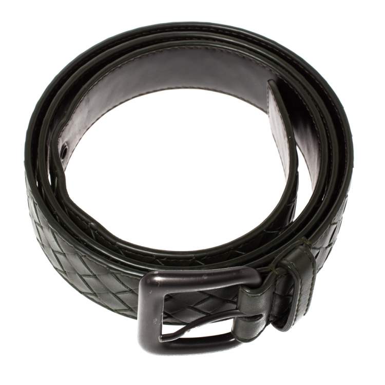 Pre Owned Bottega Veneta Dark Green Intreciatto Leather Buckle Belt 110CM