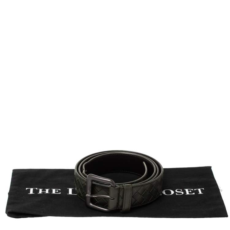Pre Owned Bottega Veneta Dark Green Intreciatto Leather Buckle Belt 110CM