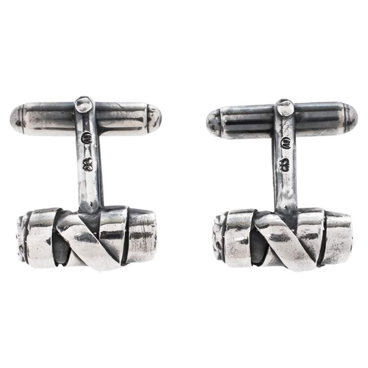 Pre Owned Bottega Veneta Sterling Silver Intrecciato Cufflinks
