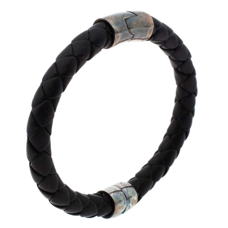 Pre Owned Bottega Veneta Black Woven Leather Silver Narrow Cuff Bracelet