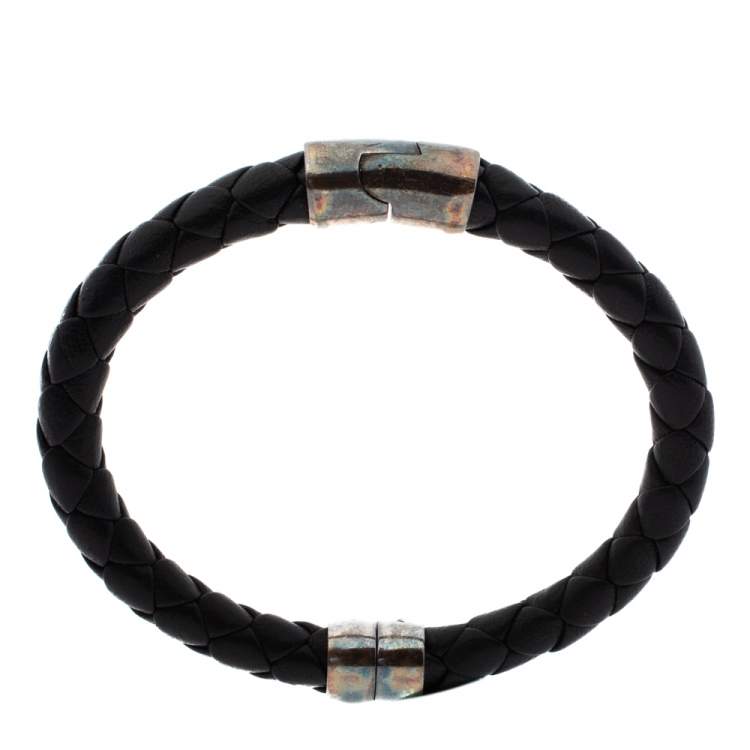 Pre Owned Bottega Veneta Black Woven Leather Silver Narrow Cuff Bracelet
