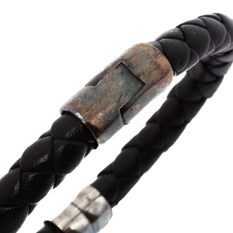 Pre Owned Bottega Veneta Black Woven Leather Silver Narrow Cuff Bracelet