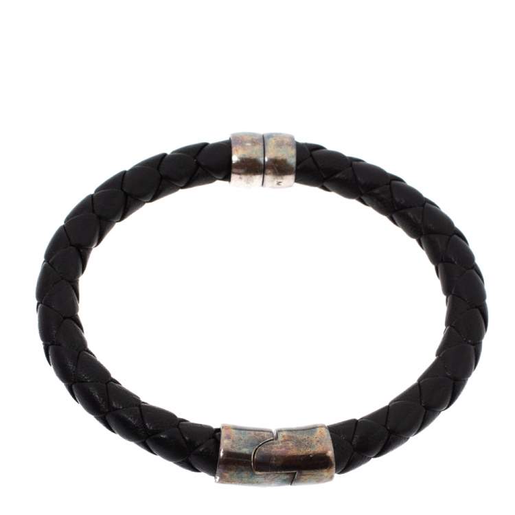 Pre Owned Bottega Veneta Black Woven Leather Silver Narrow Cuff Bracelet