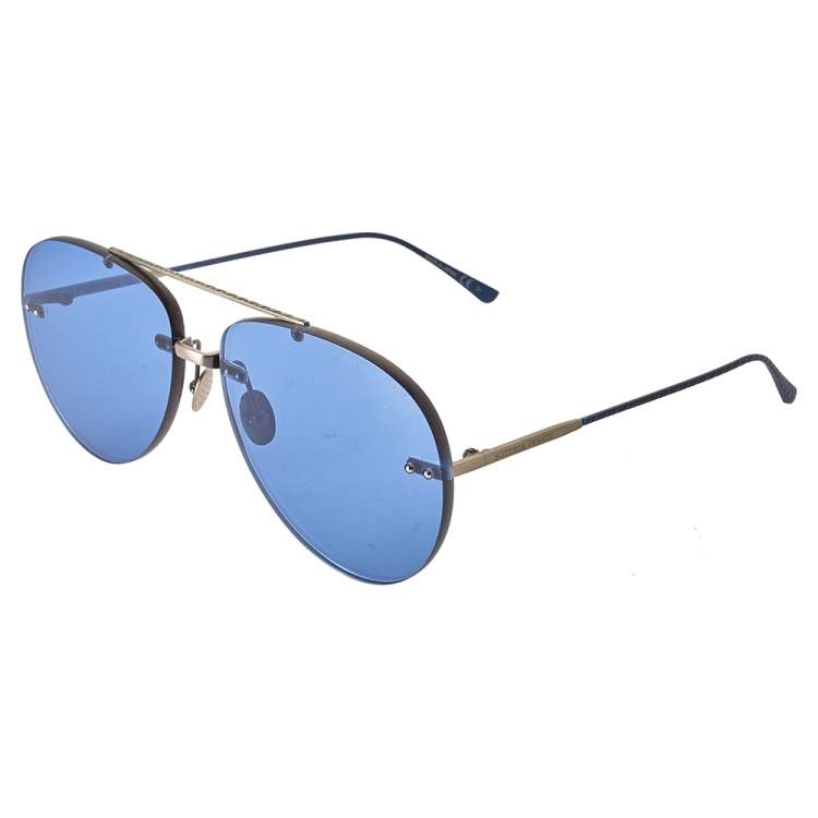 Pre Owned Bottega Veneta Silver Tone/ Blue BV0179S Aviator Sunglasses