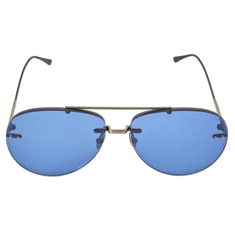Pre Owned Bottega Veneta Silver Tone/ Blue BV0179S Aviator Sunglasses