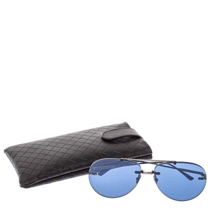 Pre Owned Bottega Veneta Silver Tone/ Blue BV0179S Aviator Sunglasses
