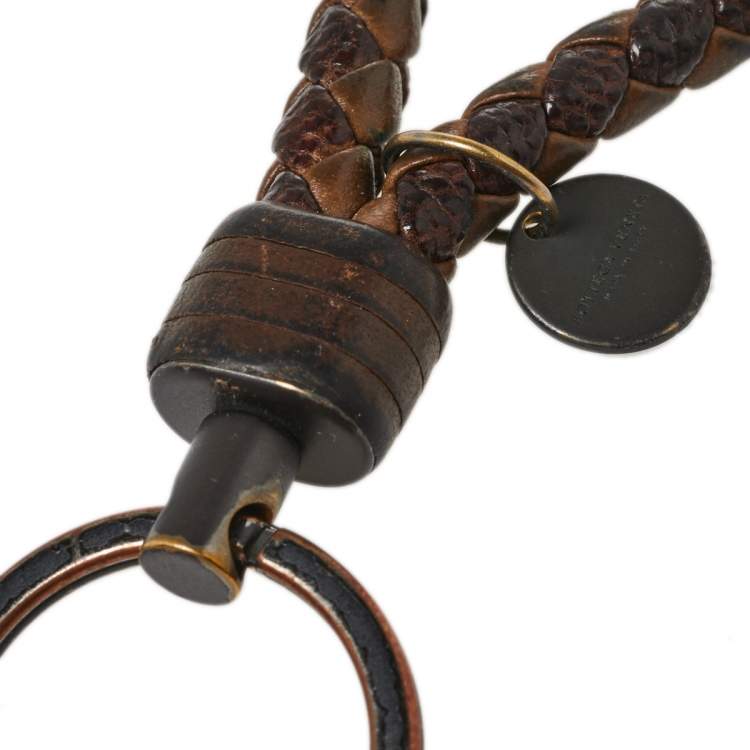 Pre Owned Bottega Veneta Brown Intrecciato Nappa Ayers Leather Key Ring