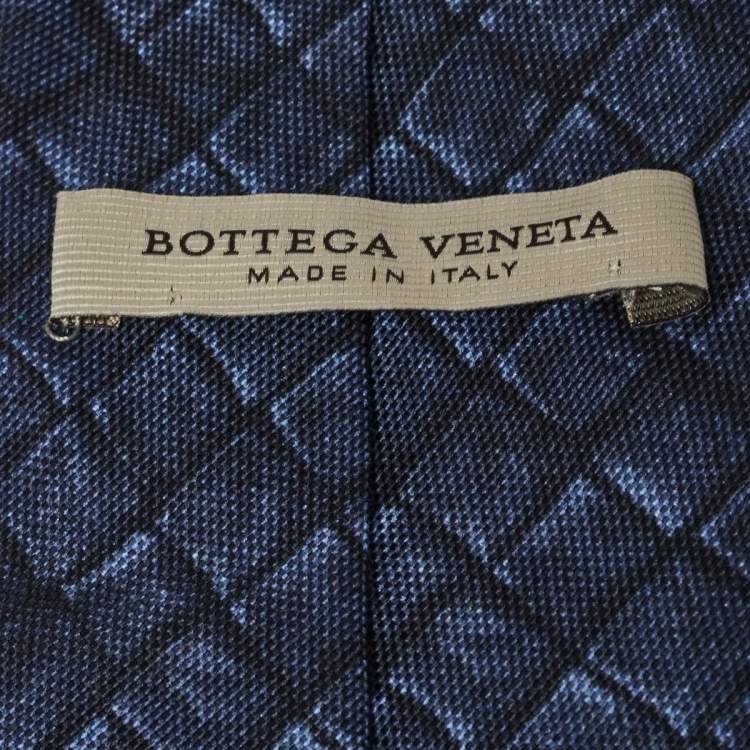 Pre Owned Bottega Veneta Midnight Blue Intrecciato Print Silk Tie