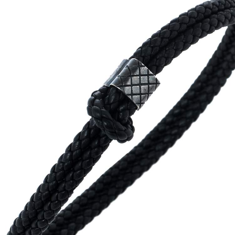 Pre Owned Bottega Veneta Black Double Intrecciato Leather Silver Adjustable Bracelet