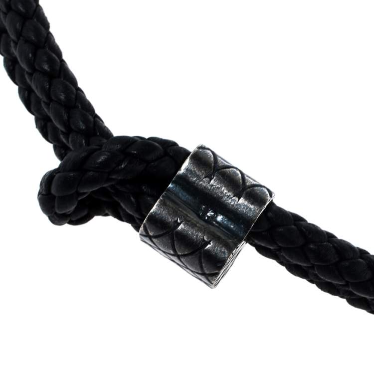 Pre Owned Bottega Veneta Black Double Intrecciato Leather Silver Adjustable Bracelet