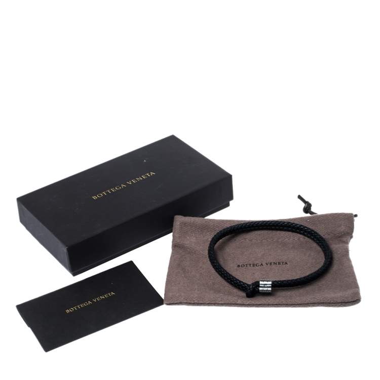 Pre Owned Bottega Veneta Black Double Intrecciato Leather Silver Adjustable Bracelet