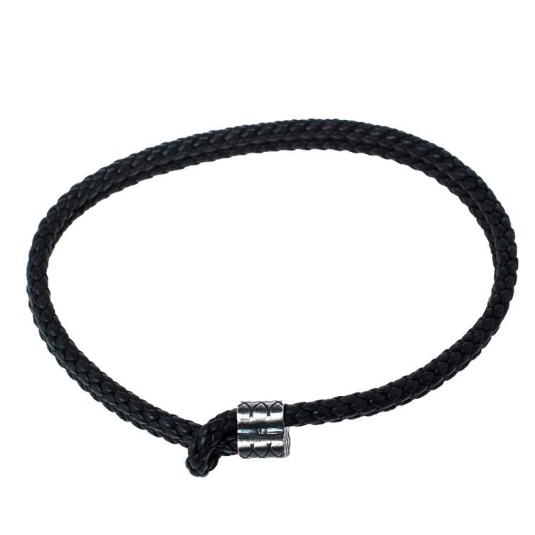 Pre Owned Bottega Veneta Black Double Intrecciato Leather Silver Adjustable Bracelet
