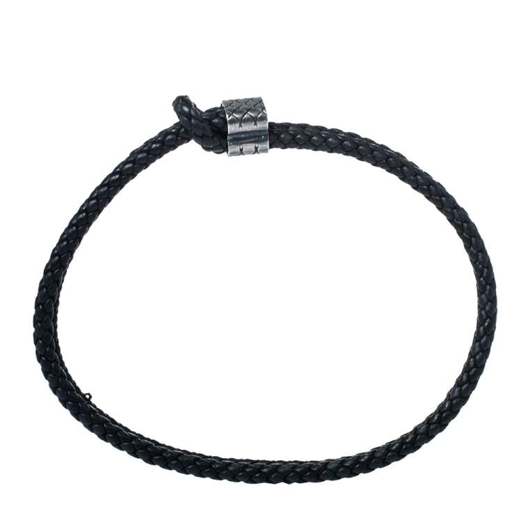 Pre Owned Bottega Veneta Black Double Intrecciato Leather Silver Adjustable Bracelet