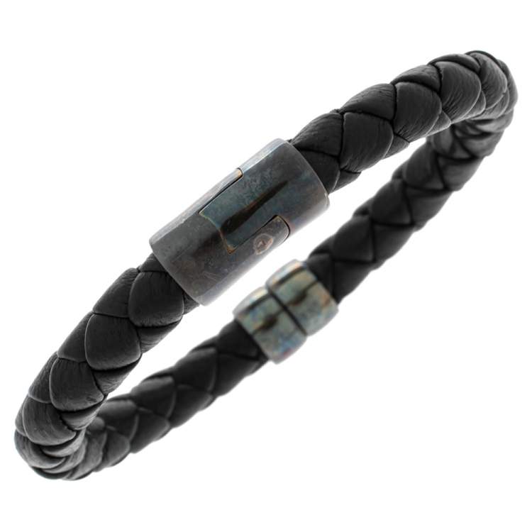Pre Owned Bottega Veneta Black Intrecciato Leather Sterling Silver Bracelet 