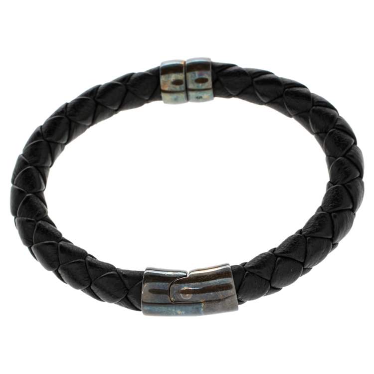 Pre Owned Bottega Veneta Black Intrecciato Leather Sterling Silver Bracelet 