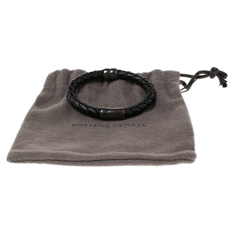 Pre Owned Bottega Veneta Black Intrecciato Leather Sterling Silver Bracelet 