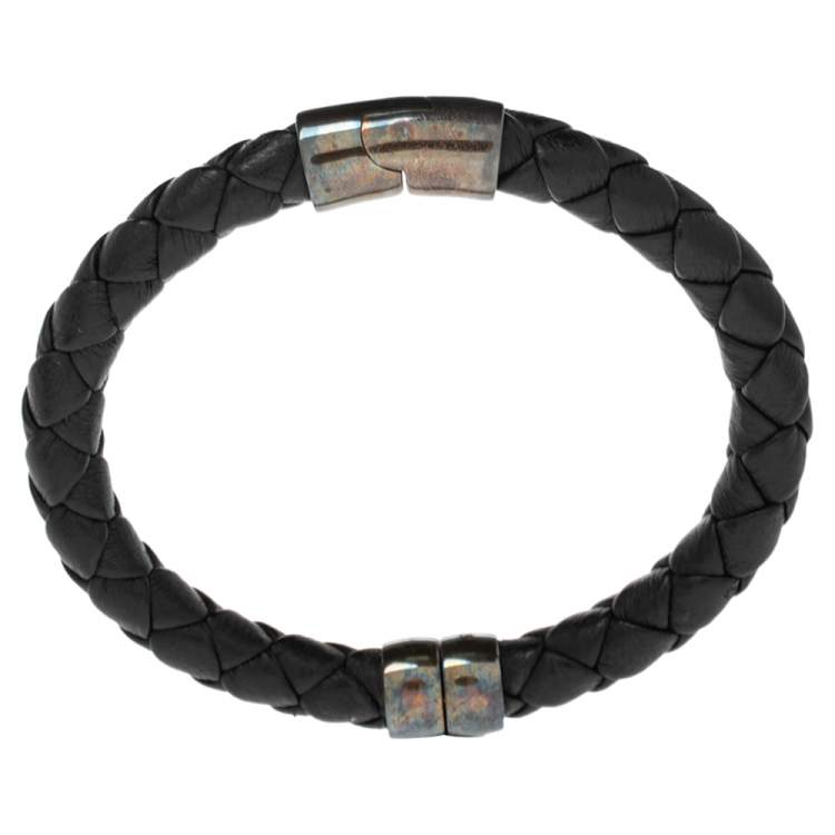 Pre Owned Bottega Veneta Black Intrecciato Leather Sterling Silver Bracelet 