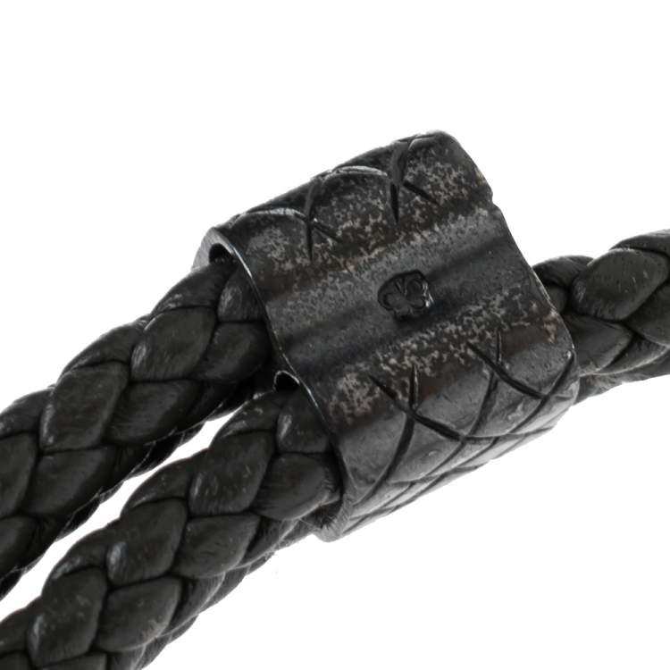 Pre Owned Bottega Veneta Grey Intrecciato Leather Sterling Silver Adjustable Bracelet
