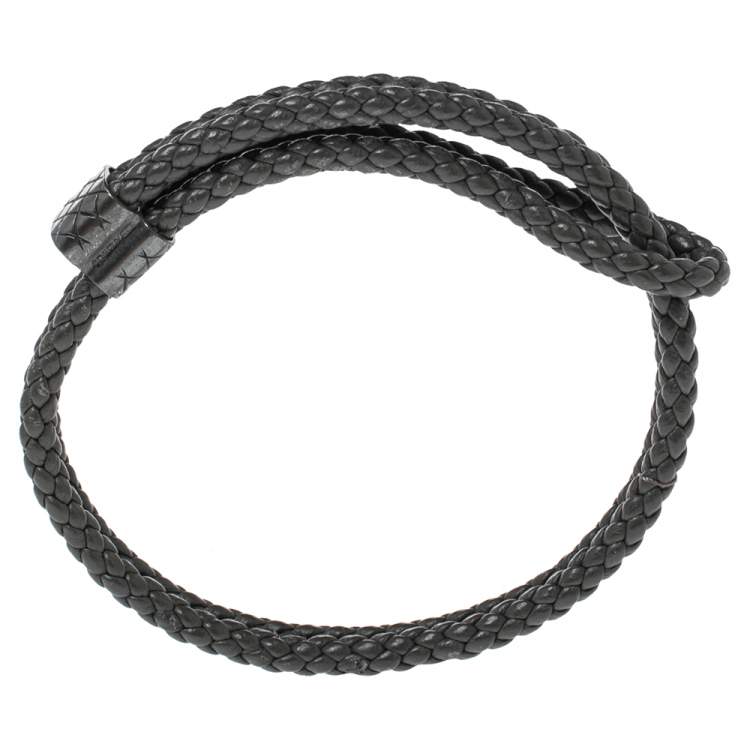 Pre Owned Bottega Veneta Grey Intrecciato Leather Sterling Silver Adjustable Bracelet