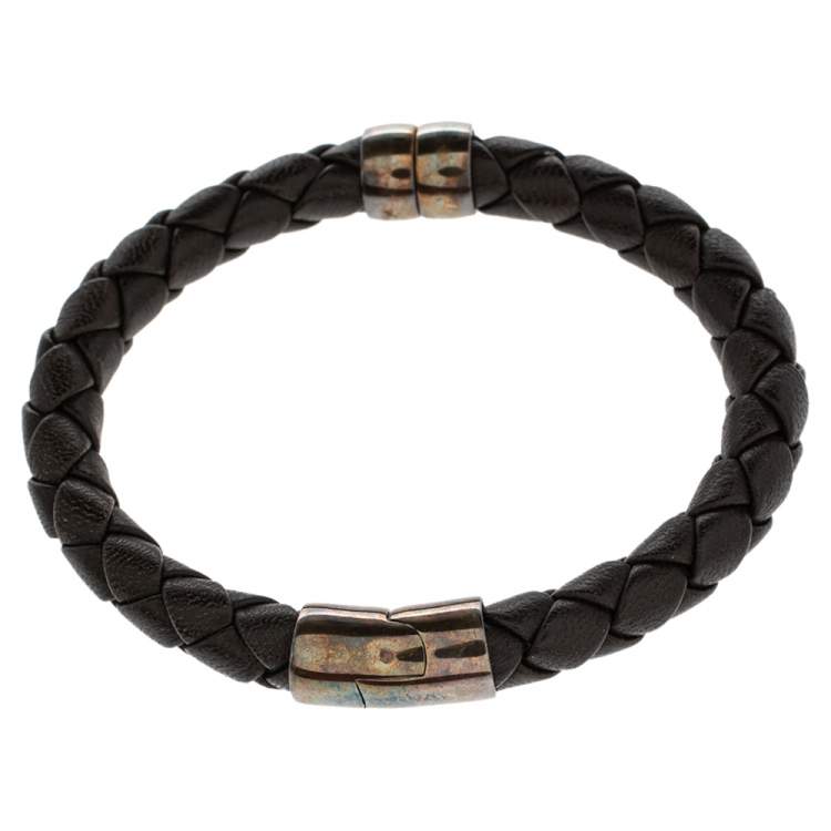 Pre Owned Bottega Veneta Brown Intrecciato Leather Sterling Silver Bracelet 