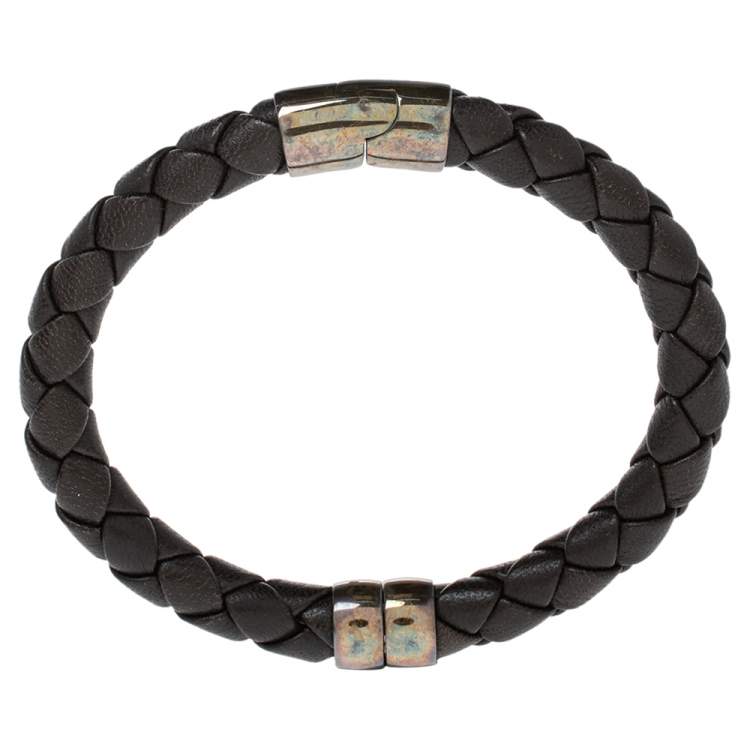 Pre Owned Bottega Veneta Brown Intrecciato Leather Sterling Silver Bracelet 
