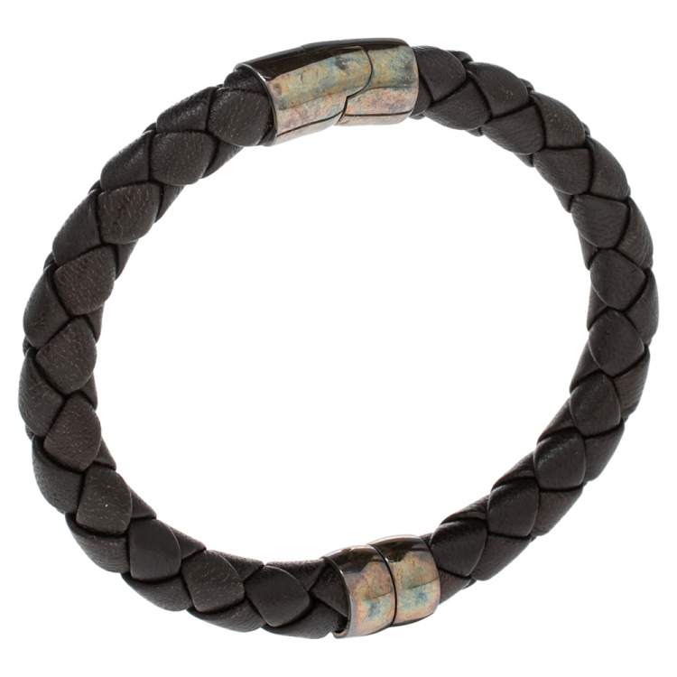 Pre Owned Bottega Veneta Brown Intrecciato Leather Sterling Silver Bracelet 