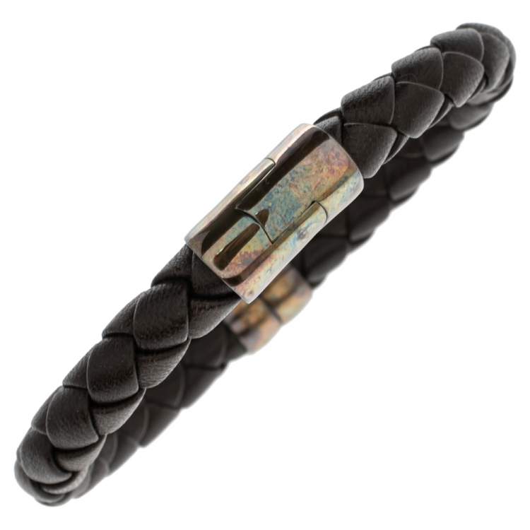 Pre Owned Bottega Veneta Brown Intrecciato Leather Sterling Silver Bracelet 