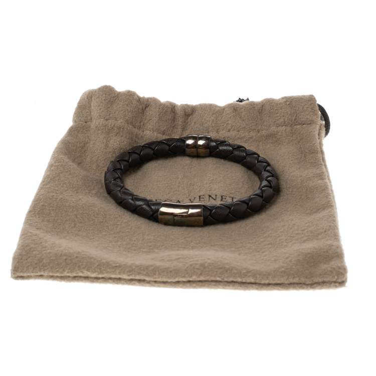 Pre Owned Bottega Veneta Brown Intrecciato Leather Sterling Silver Bracelet 