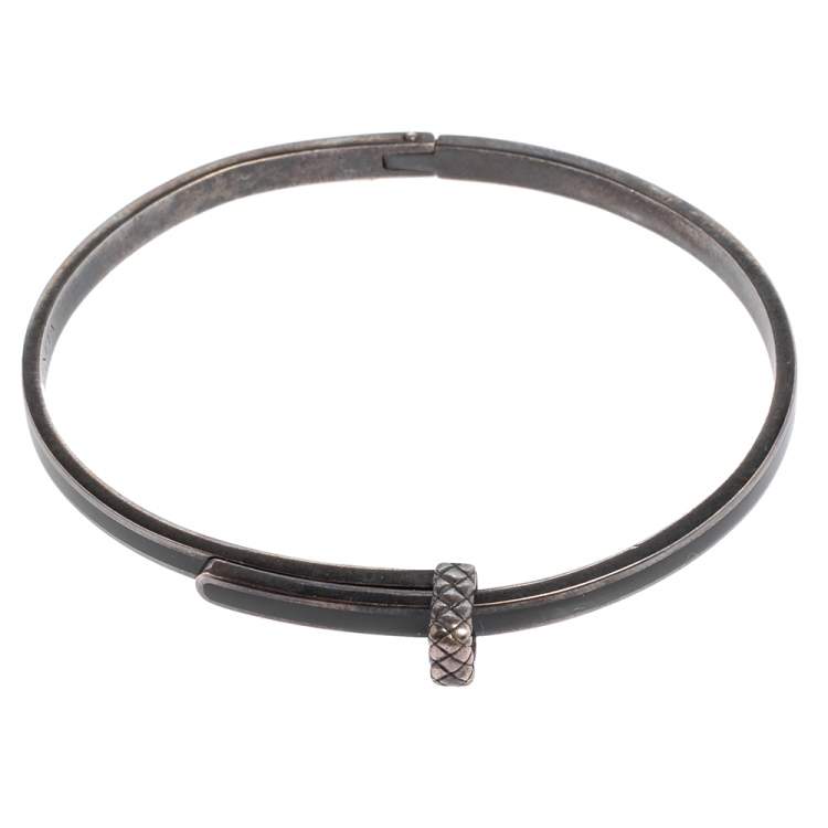 Pre Owned Bottega Veneta Sterling Silver Black Enamel Cuff Bracelet S