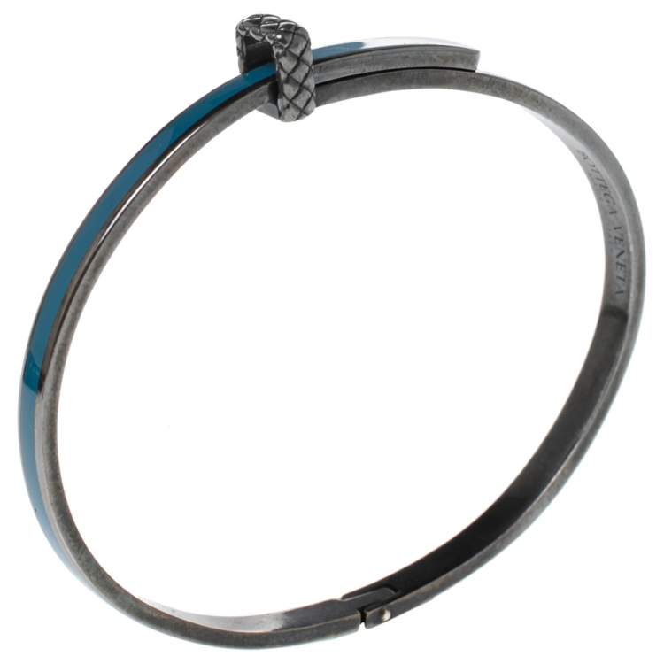 Pre Owned Bottega Veneta Sterling Silver Blue Enamel Cuff Bracelet S