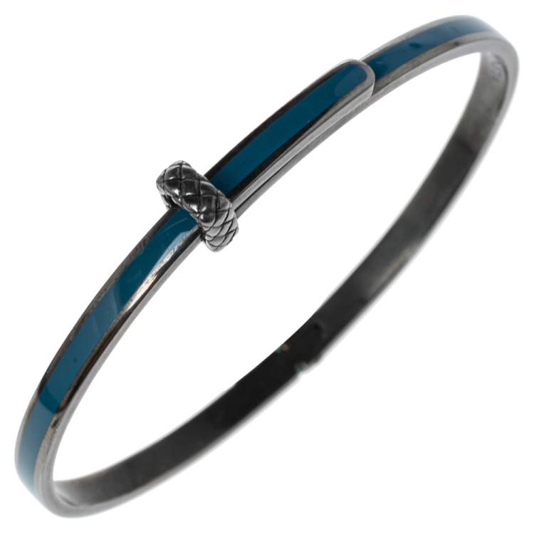 Pre Owned Bottega Veneta Sterling Silver Blue Enamel Cuff Bracelet S
