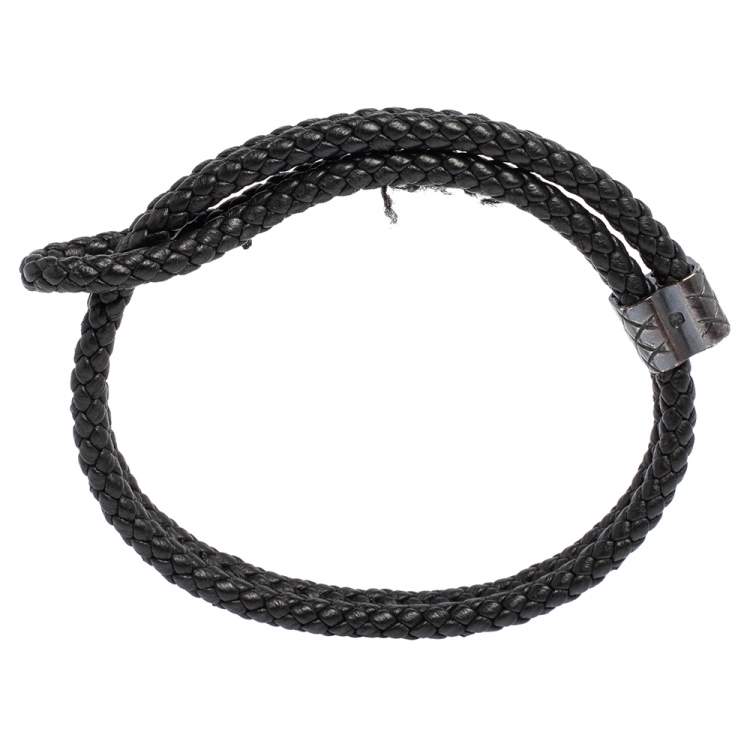 Pre Owned Bottega Veneta Grey Intrecciato Leather Sterling Silver Adjustable Bracelet
