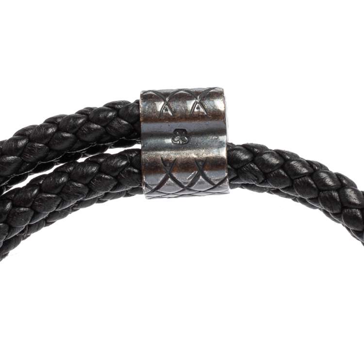Pre Owned Bottega Veneta Grey Intrecciato Leather Sterling Silver Adjustable Bracelet