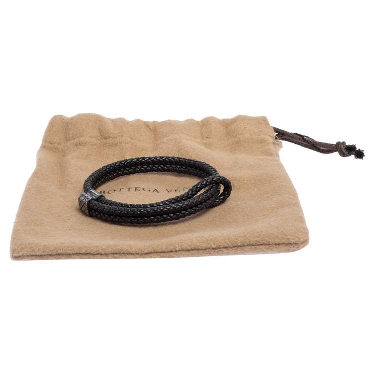 Pre Owned Bottega Veneta Grey Intrecciato Leather Sterling Silver Adjustable Bracelet