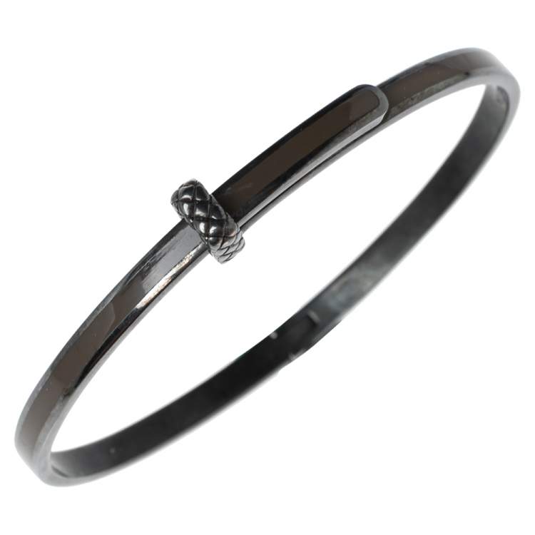 Pre Owned Bottega Veneta Sterling Silver Brown Enamel Cuff Bracelet S