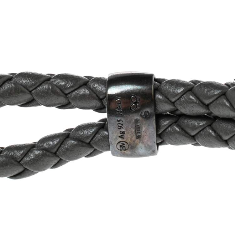 Pre Owned Bottega Veneta Grey Intrecciato Leather Sterling Silver Hook Bracelet S