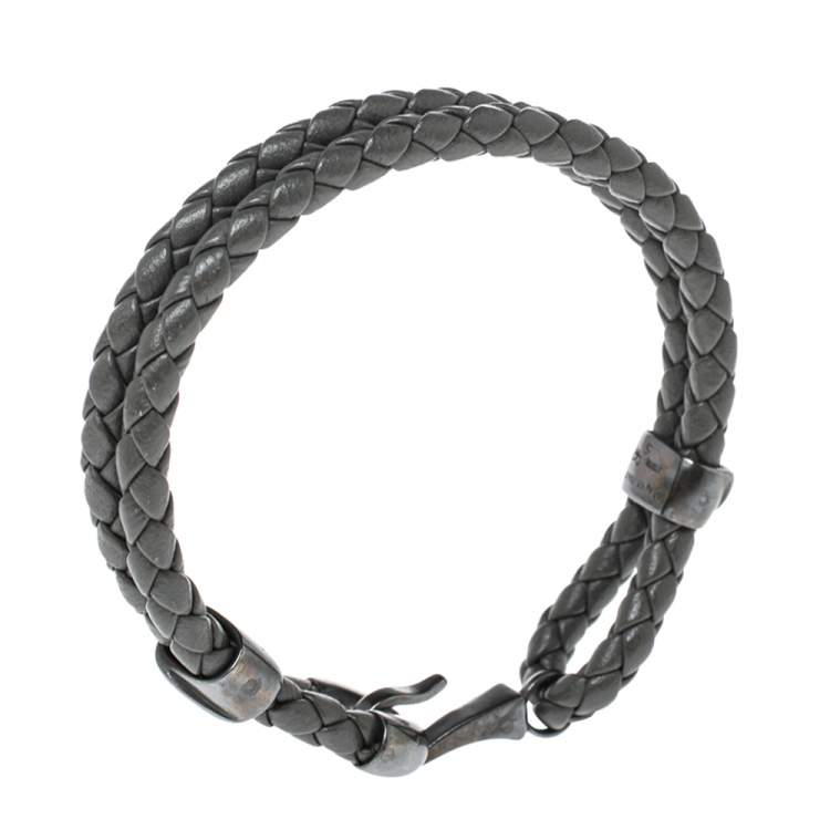 Pre Owned Bottega Veneta Grey Intrecciato Leather Sterling Silver Hook Bracelet S