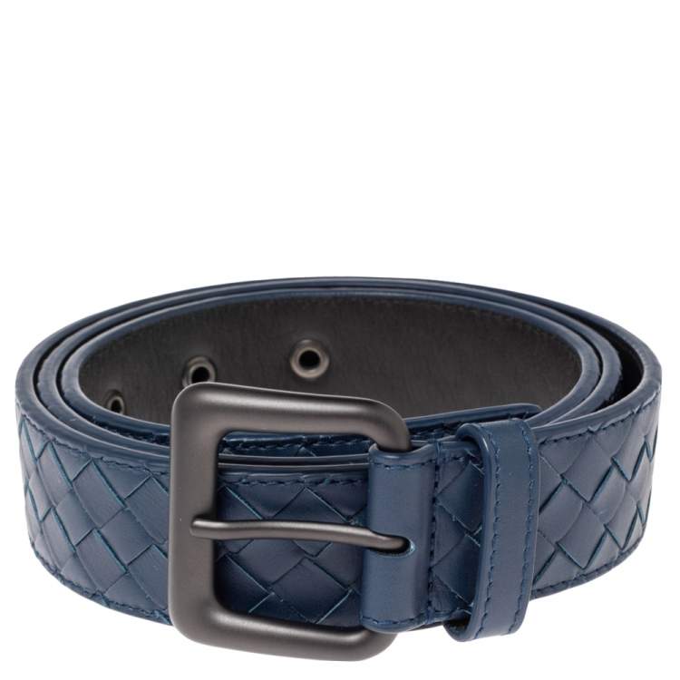 Bottega Veneta Blue Intrecciato Leather Buckle Belt 105CM