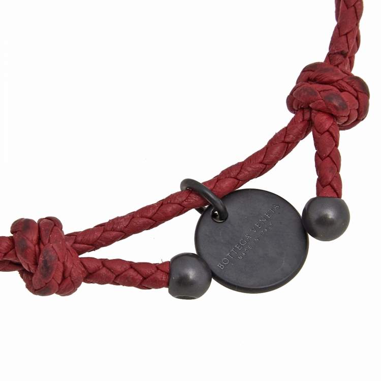 Pre Owned Bottega Veneta Red Woven Leather Double Cord Bracelet 