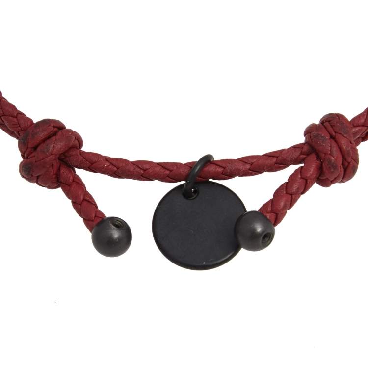 Pre Owned Bottega Veneta Red Woven Leather Double Cord Bracelet 
