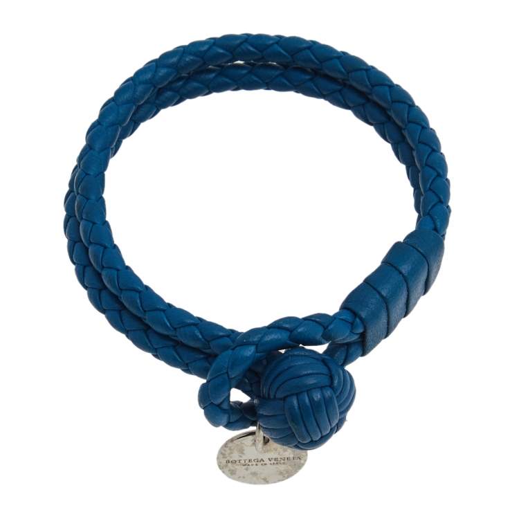Pre Owned Bottega Veneta Blue Intrecciato Nappa Leather Double Strand Bracelet S
