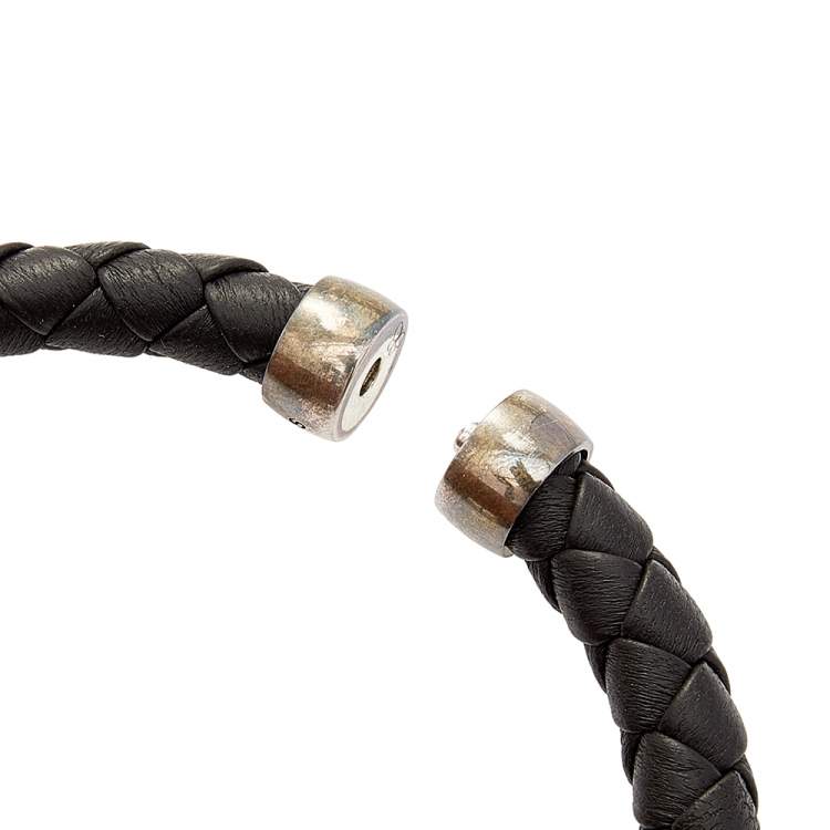 Pre Owned Bottega Veneta Black Intrecciato Leather Sterling Silver Bracelet 