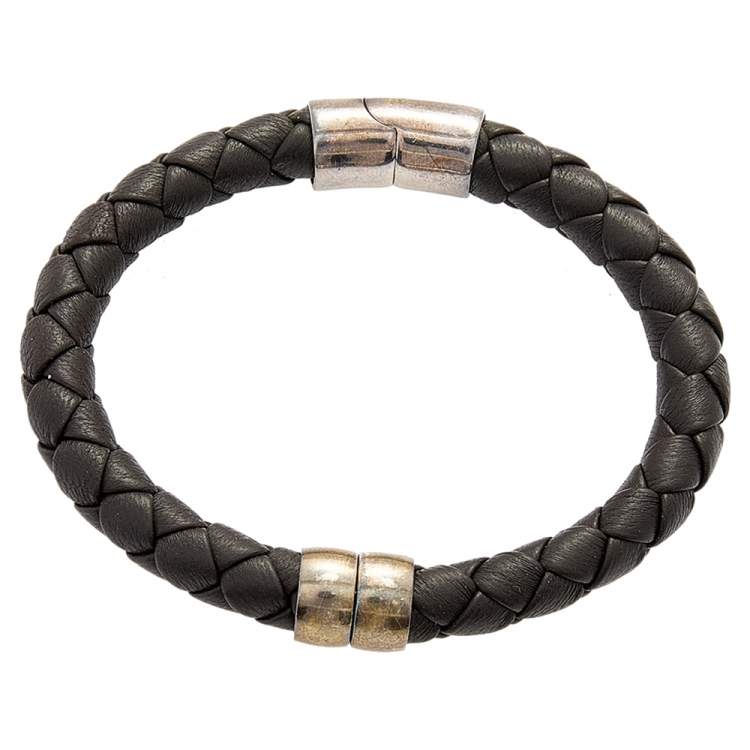 Pre Owned Bottega Veneta Black Intrecciato Leather Sterling Silver Bracelet 